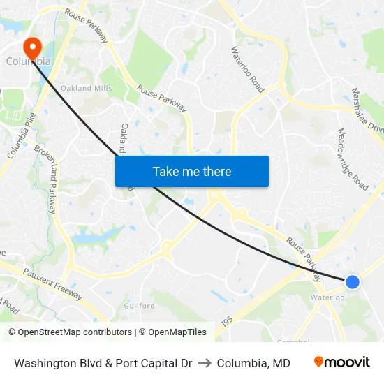 Washington Blvd & Port Capital Dr to Columbia, MD map