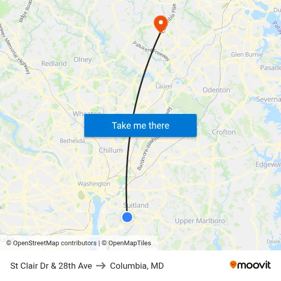 St Clair Dr & 28th Ave to Columbia, MD map