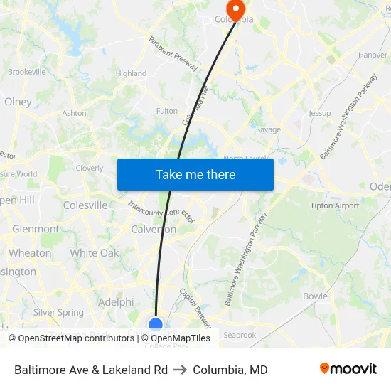 Baltimore Ave & Lakeland Rd to Columbia, MD map