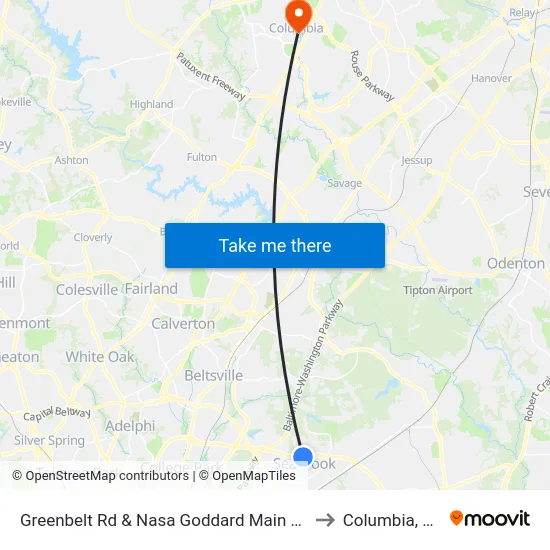 Greenbelt Rd & Nasa Goddard Main Gate to Columbia, MD map
