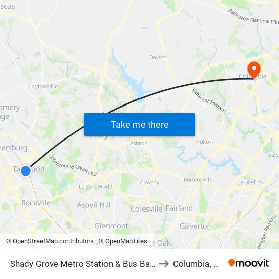 Shady Grove Metro Station & Bus Bay C to Columbia, MD map