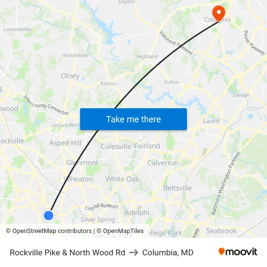 Rockville Pike & North Wood Rd to Columbia, MD map