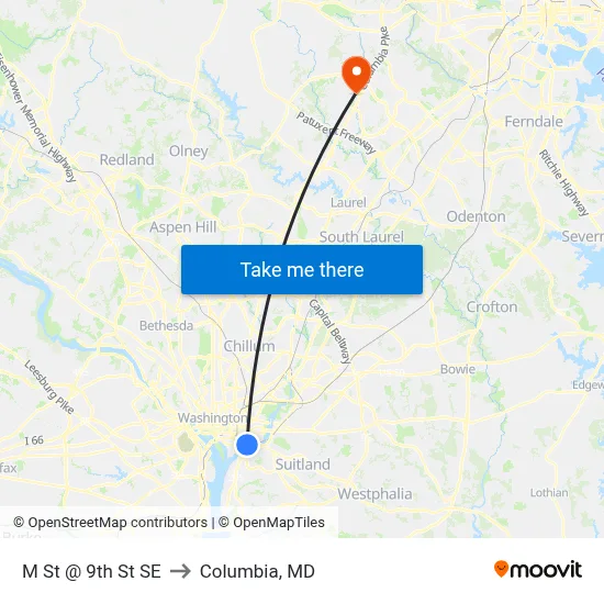M St @ 9th St SE to Columbia, MD map