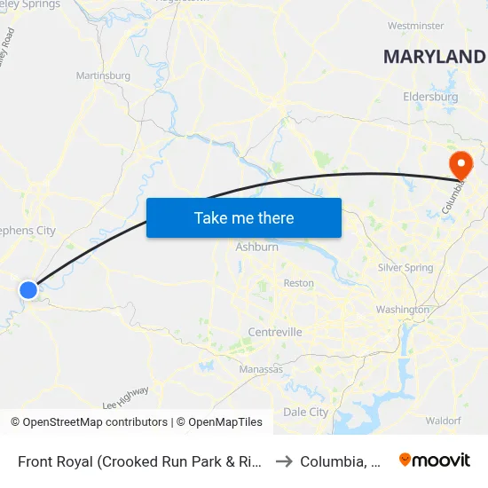 Front Royal (Crooked Run Park & Ride) to Columbia, MD map