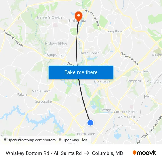 Whiskey Bottom Rd / All Saints Rd to Columbia, MD map