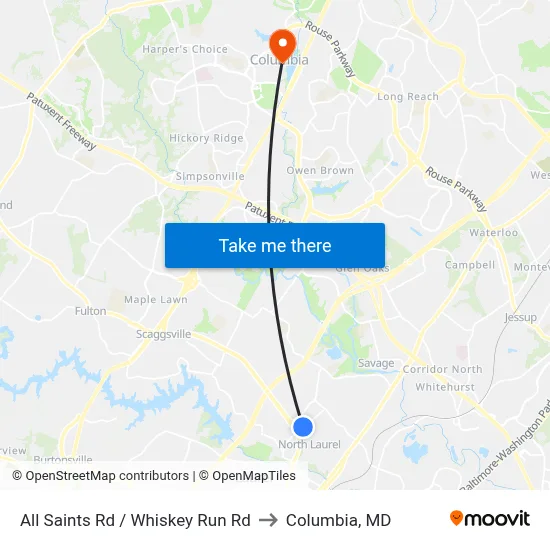 All Saints Rd / Whiskey Run Rd to Columbia, MD map