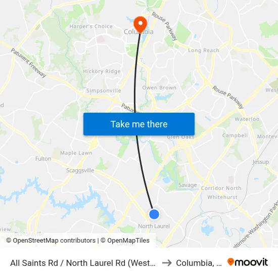 All Saints Rd / North Laurel Rd (Westbound) to Columbia, MD map