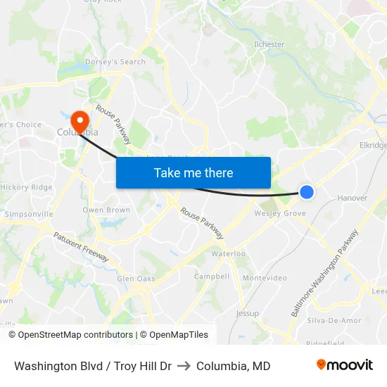 Washington Blvd / Troy Hill Dr to Columbia, MD map