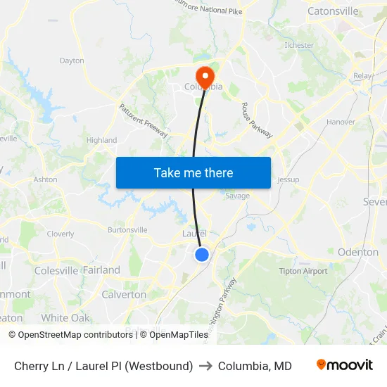 Cherry Ln / Laurel Pl (Westbound) to Columbia, MD map
