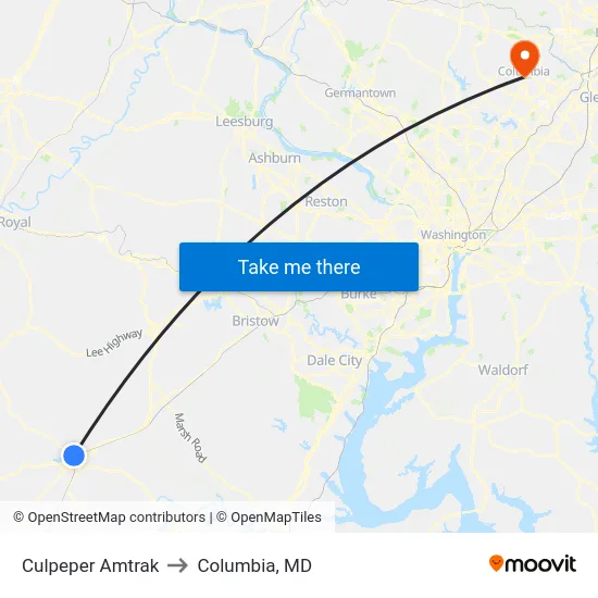 Culpeper Amtrak to Columbia, MD map