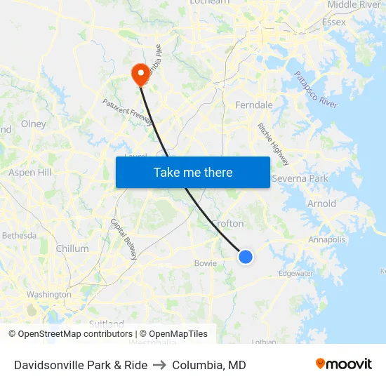Davidsonville Park & Ride to Columbia, MD map