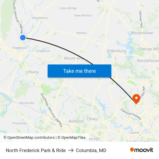 North Frederick Park & Ride to Columbia, MD map