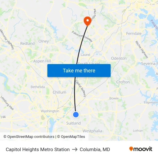 Capitol Heights Metro Station to Columbia, MD map
