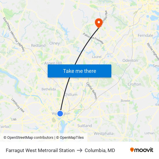 Farragut West  Metrorail Station to Columbia, MD map