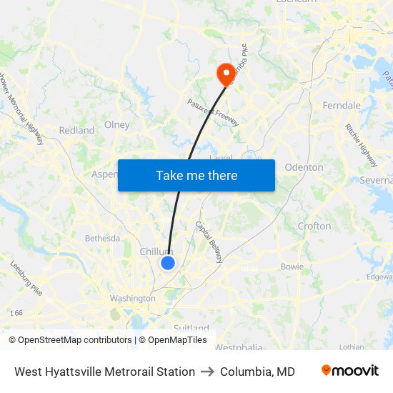 West Hyattsville Metrorail Station to Columbia, MD map