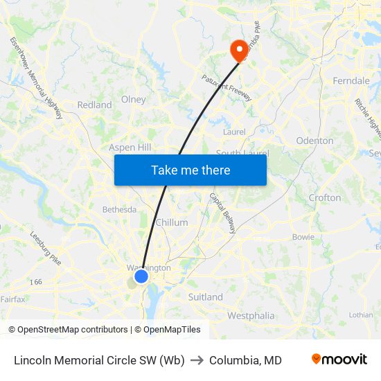 Lincoln Memorial Circle SW (Wb) to Columbia, MD map