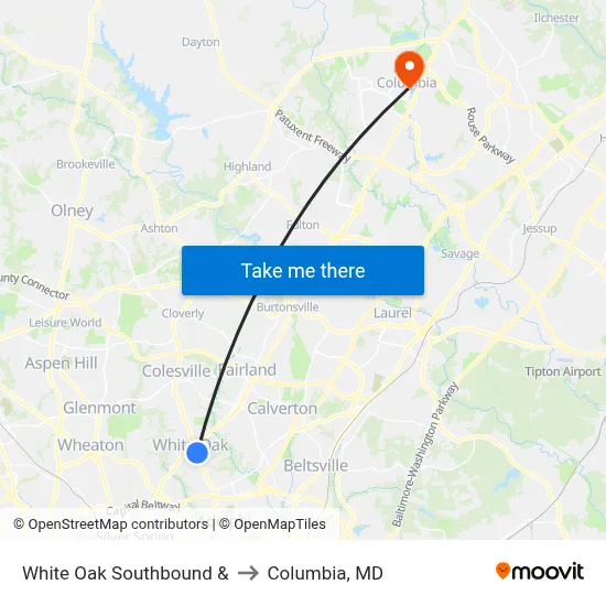 White Oak Southbound & to Columbia, MD map