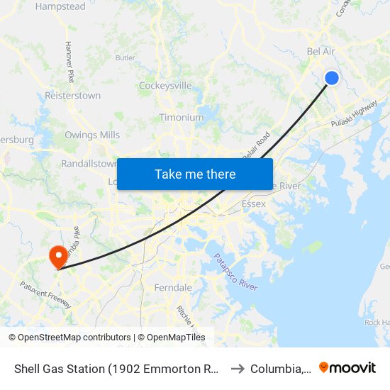 Shell Gas Station (1902 Emmorton Rd/Rt 924) to Columbia, MD map