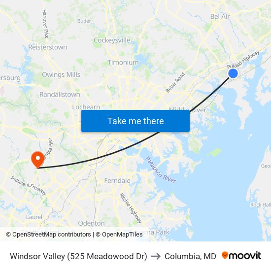 Windsor Valley (525 Meadowood Dr) to Columbia, MD map