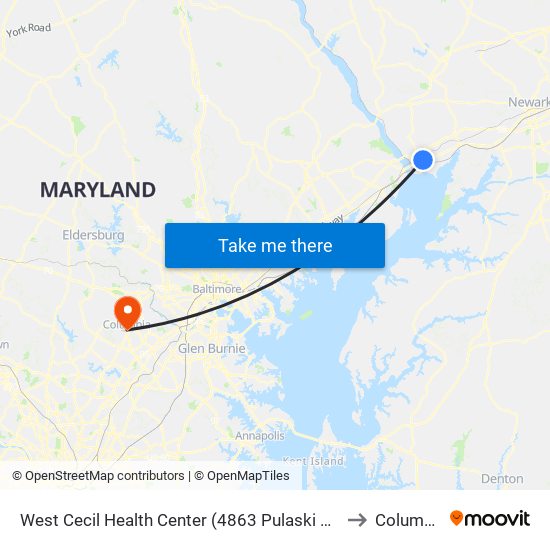 West Cecil Health Center (4863 Pulaski Hwy/Us 40 at Roundabout) to Columbia, MD map