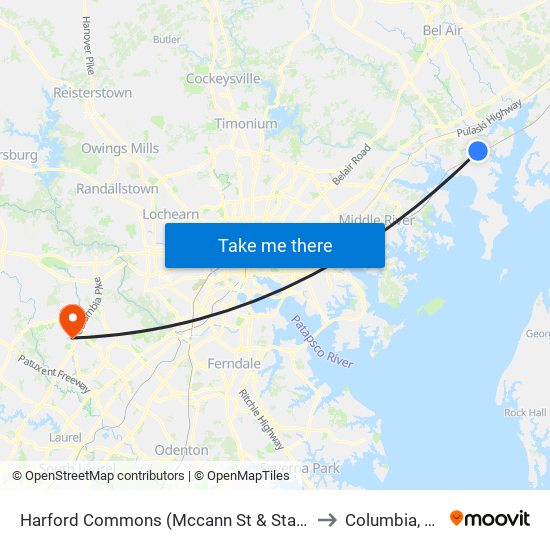 Harford Commons (Mccann St & Starr St) to Columbia, MD map