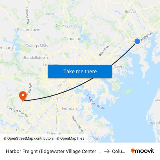 Harbor Freight (Edgewater Village Center / 1807 Pulaski Hwy / Stop Is on Us 40) to Columbia, MD map