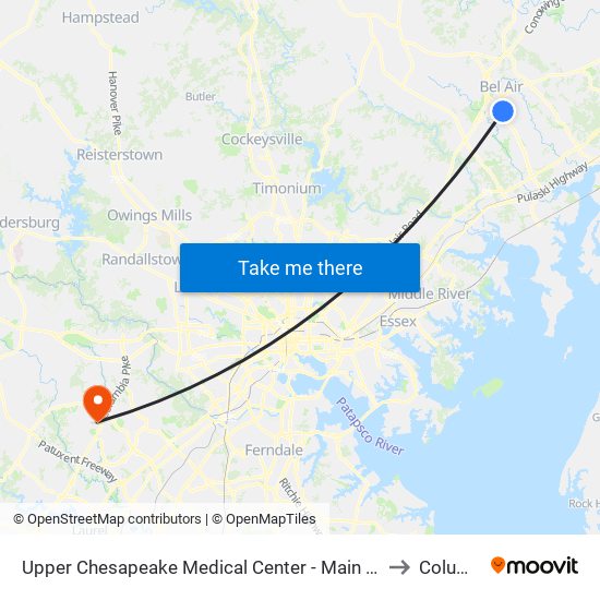 Upper Chesapeake Medical Center - Main Entrance (500 Upper Chesapeake Dr) to Columbia, MD map