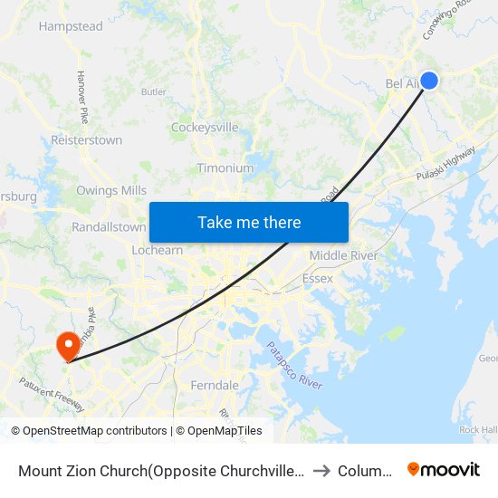 Mount Zion Church(Opposite Churchville Rd/Rt 22 & Andreas Dr) to Columbia, MD map