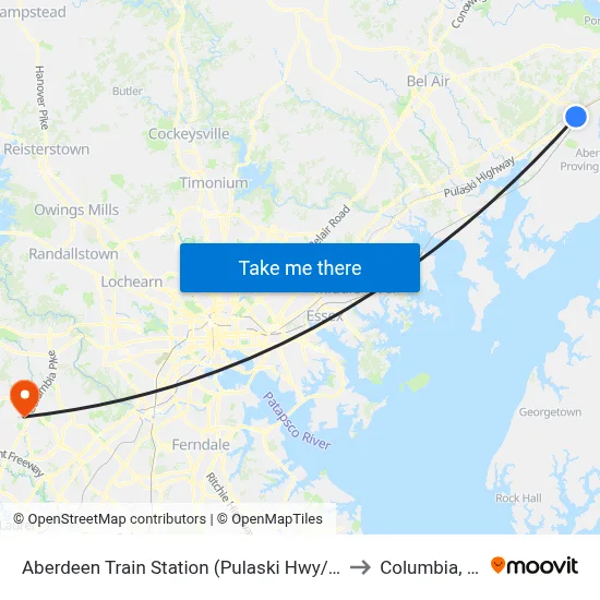 Aberdeen Train Station (Pulaski Hwy/Us 40) to Columbia, MD map