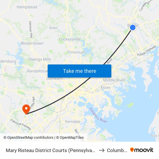 Mary Risteau District Courts (Pennsylvania Ave Near Bond St) to Columbia, MD map