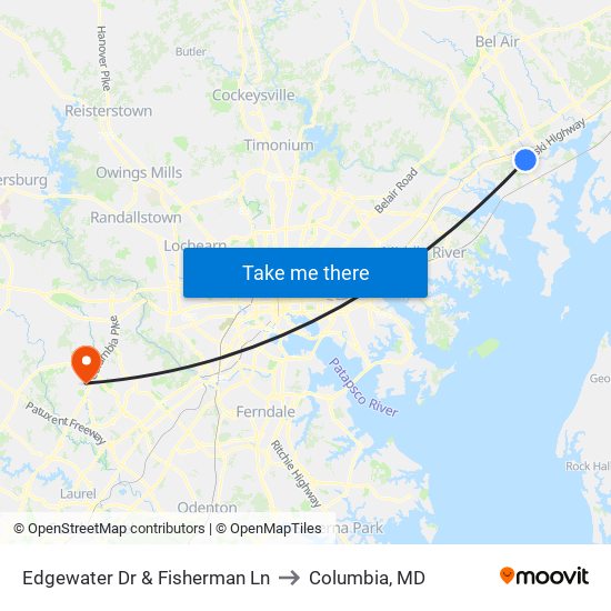 Edgewater Dr & Fisherman Ln to Columbia, MD map