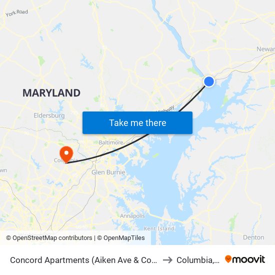 Concord Apartments (Aiken Ave & Concord Dr) to Columbia, MD map