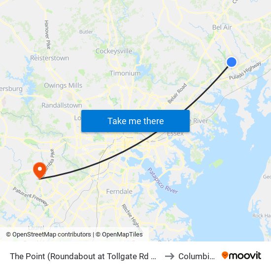 The Point (Roundabout at Tollgate Rd & Westover Ln) to Columbia, MD map
