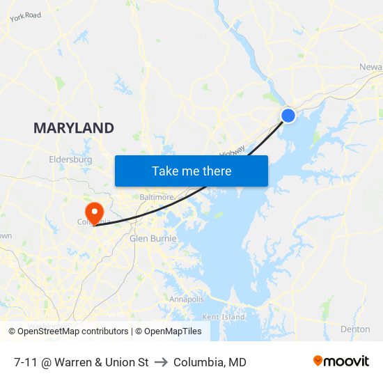 7-11 @ Warren & Union St to Columbia, MD map