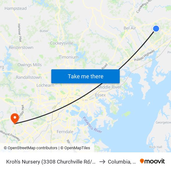 Kroh's Nursery  (3308 Churchville Rd/Rt 22) to Columbia, MD map