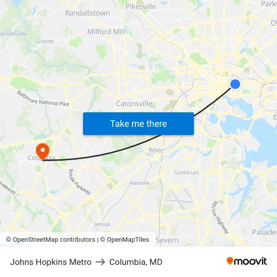 Johns Hopkins Metro to Columbia, MD map