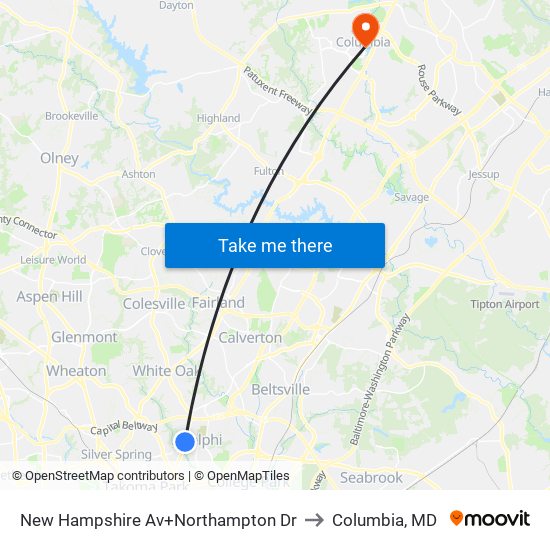 New Hampshire Av+Northampton Dr to Columbia, MD map