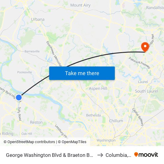 George Washington Blvd & Braeton Bay Terrace to Columbia, MD map