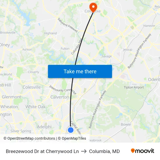 Breezewood Dr at Cherrywood Ln to Columbia, MD map