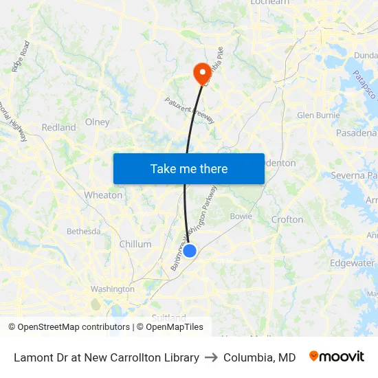 Lamont Dr at New Carrollton Library to Columbia, MD map