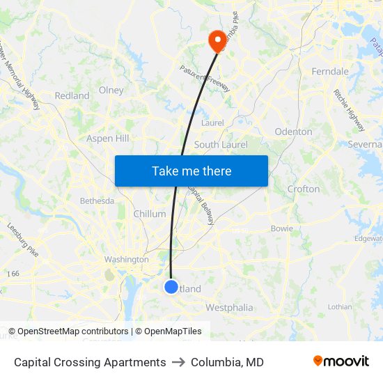 Capital Crossing Apartments to Columbia, MD map