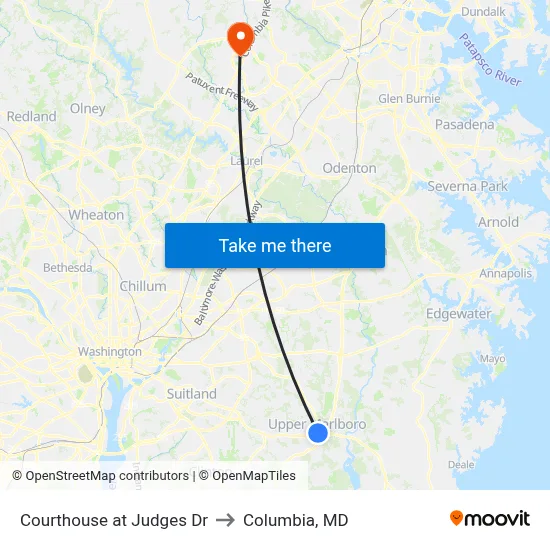 Courthouse at Judges Dr to Columbia, MD map