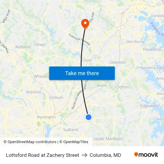 Lottsford Road at Zachery Street to Columbia, MD map