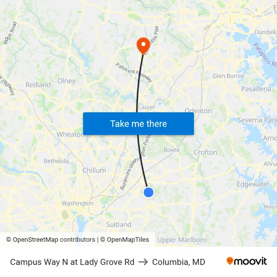 Campus Way N at Lady Grove Rd to Columbia, MD map