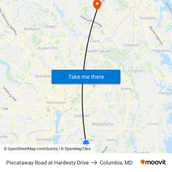 Piscataway Road at Hardesty Drive to Columbia, MD map