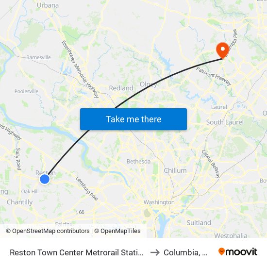 Reston Town Center Metrorail Station to Columbia, MD map