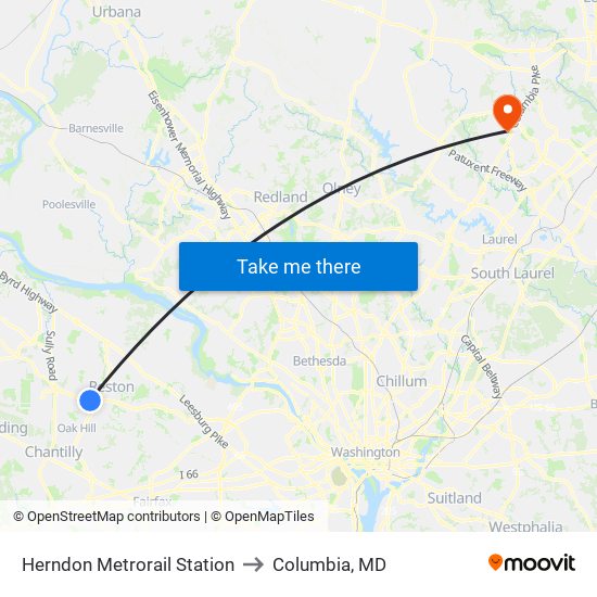 Herndon Metrorail Station to Columbia, MD map