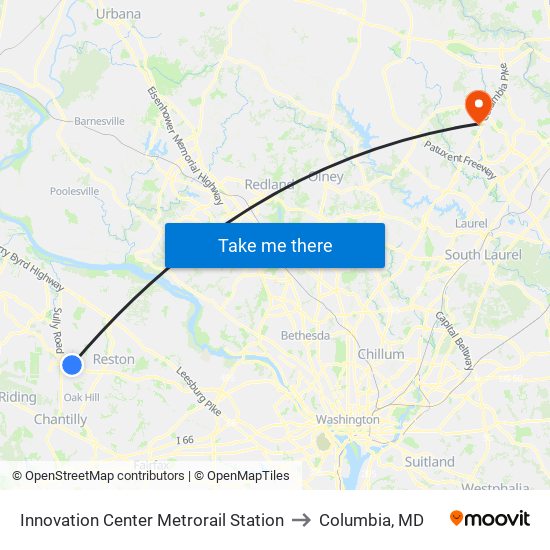 Innovation Center Metrorail Station to Columbia, MD map