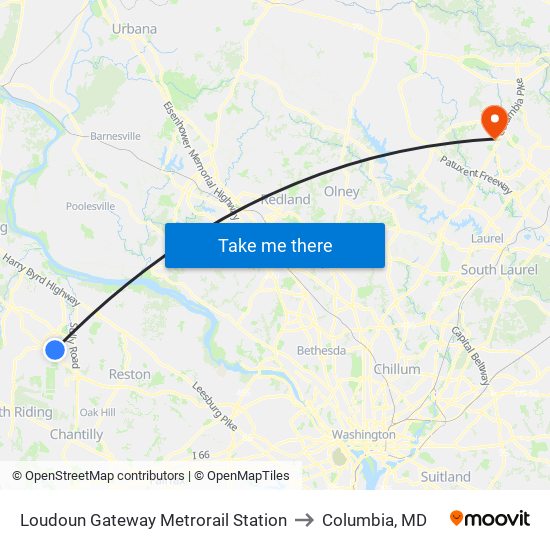 Loudoun Gateway Metrorail Station to Columbia, MD map