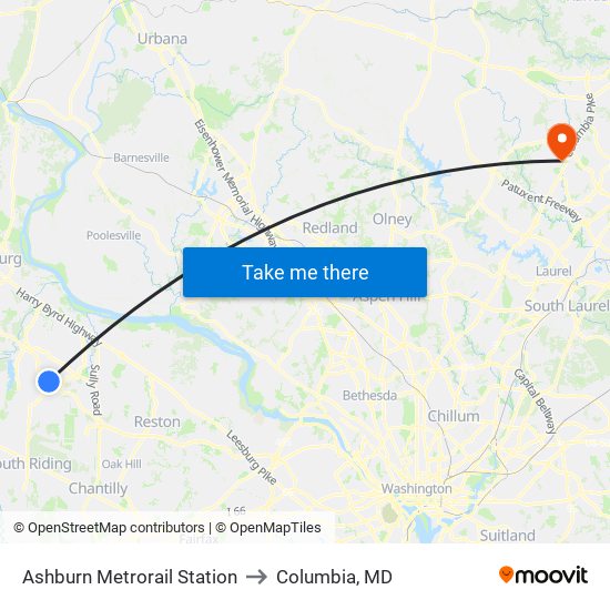 Ashburn Metrorail Station to Columbia, MD map